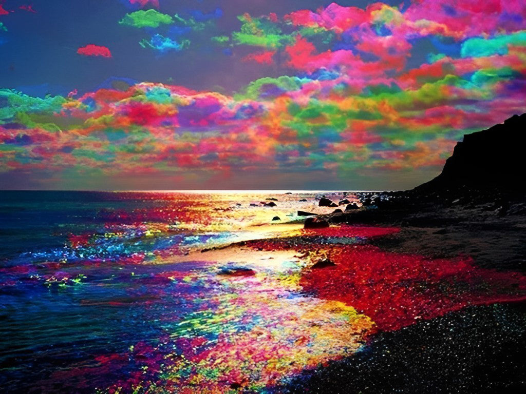 Kleurrijk Wolkenspel en Glinsterend Zeeoppervlak Diamond Painting