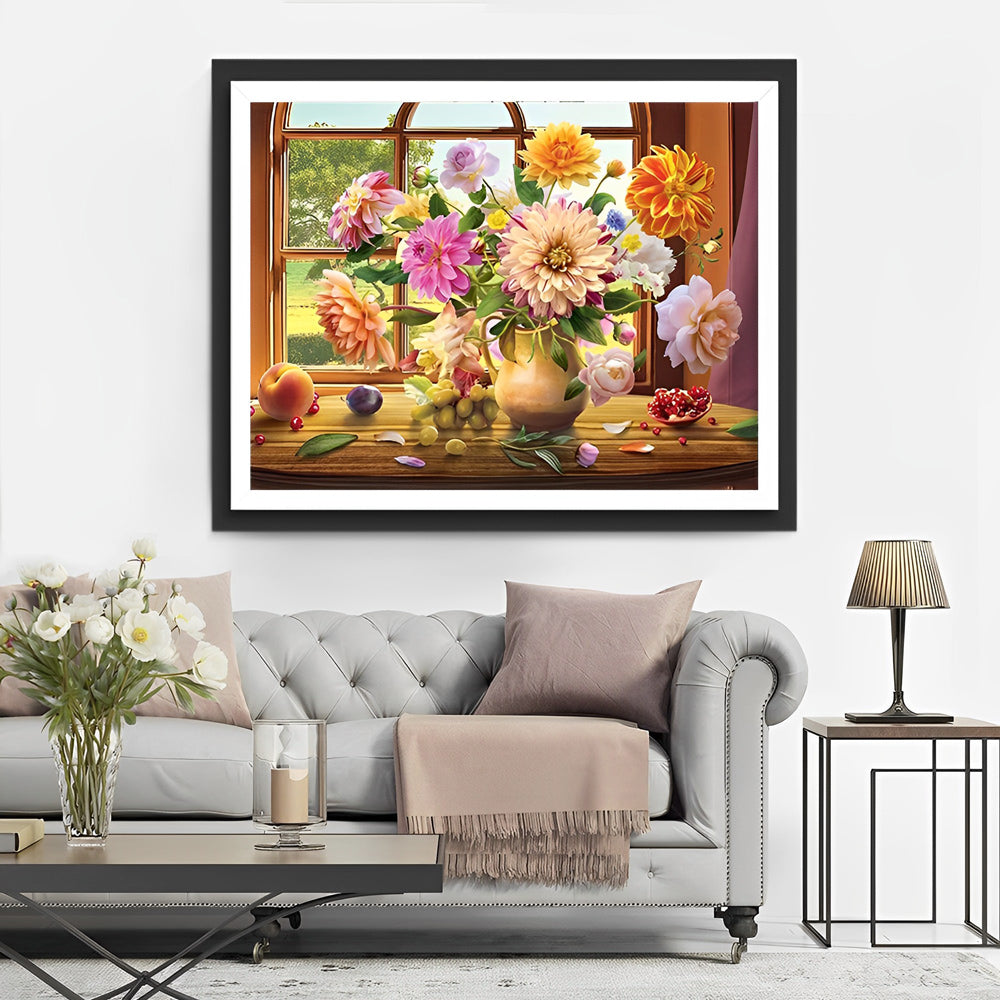 Kleurrijke Bloemen en Fruit bij Vensterlicht Diamond Painting