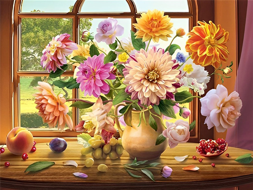Kleurrijke Bloemen en Fruit bij Vensterlicht Diamond Painting