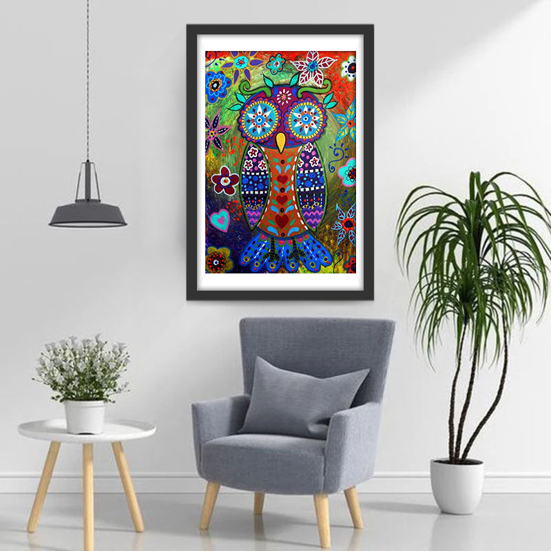 Kleurrijke Bloemen en Uil Diamond Painting