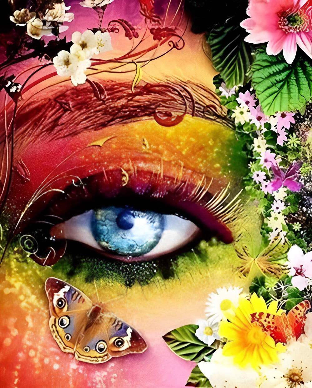Kleurrijke Droomwereld van Oog, Bloemenpracht en Vlinderfladder Diamond Painting
