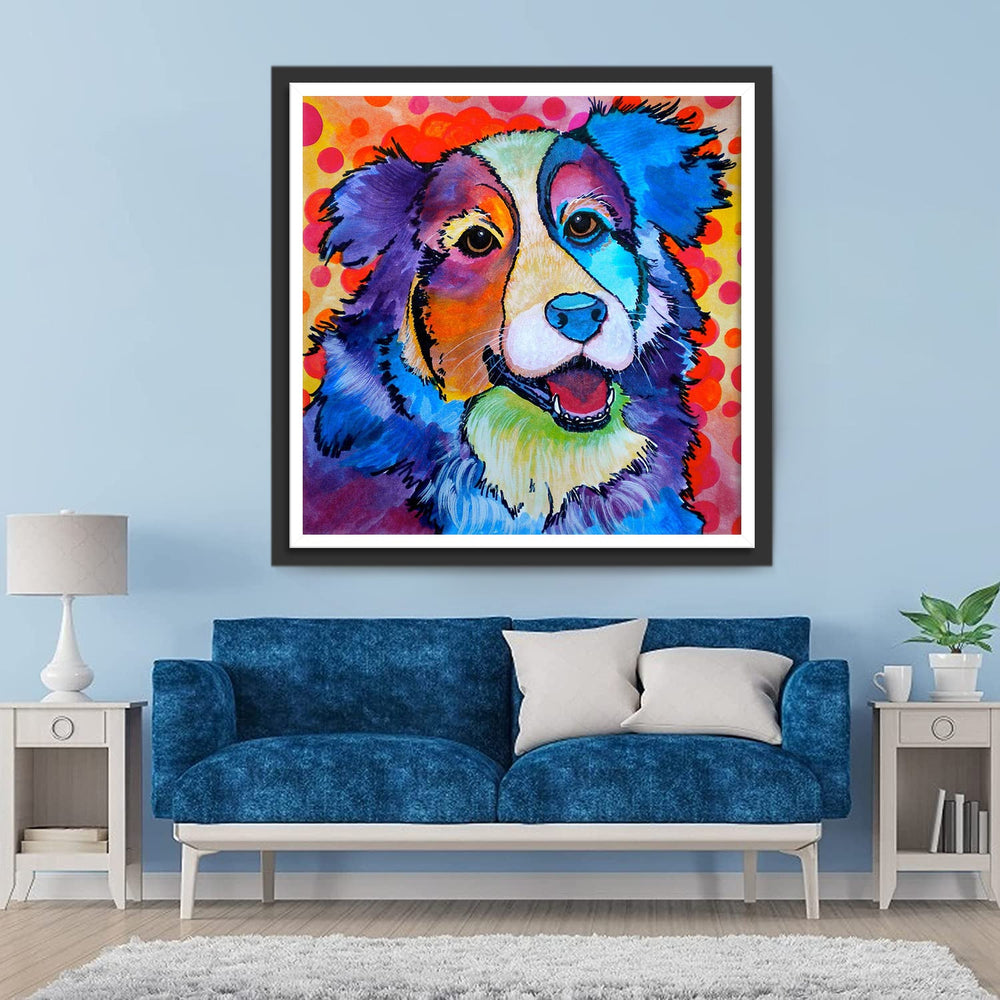 Kleurrijke Hond op Rode Gestippelde Achtergrond Diamond Painting