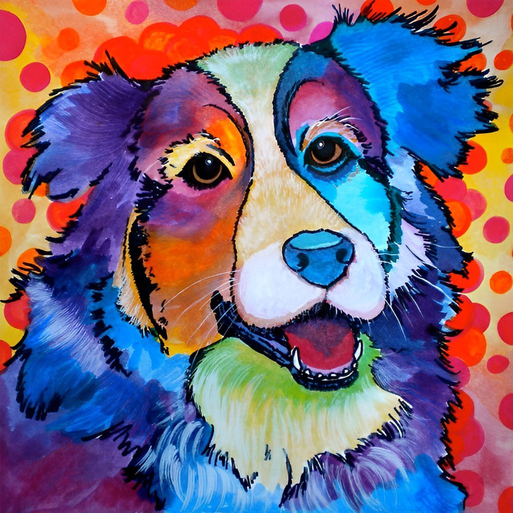 Kleurrijke Hond op Rode Gestippelde Achtergrond Diamond Painting