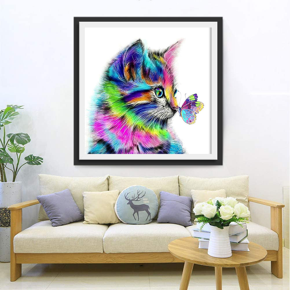 Kleurrijke Kat en Vlinder Diamond Painting