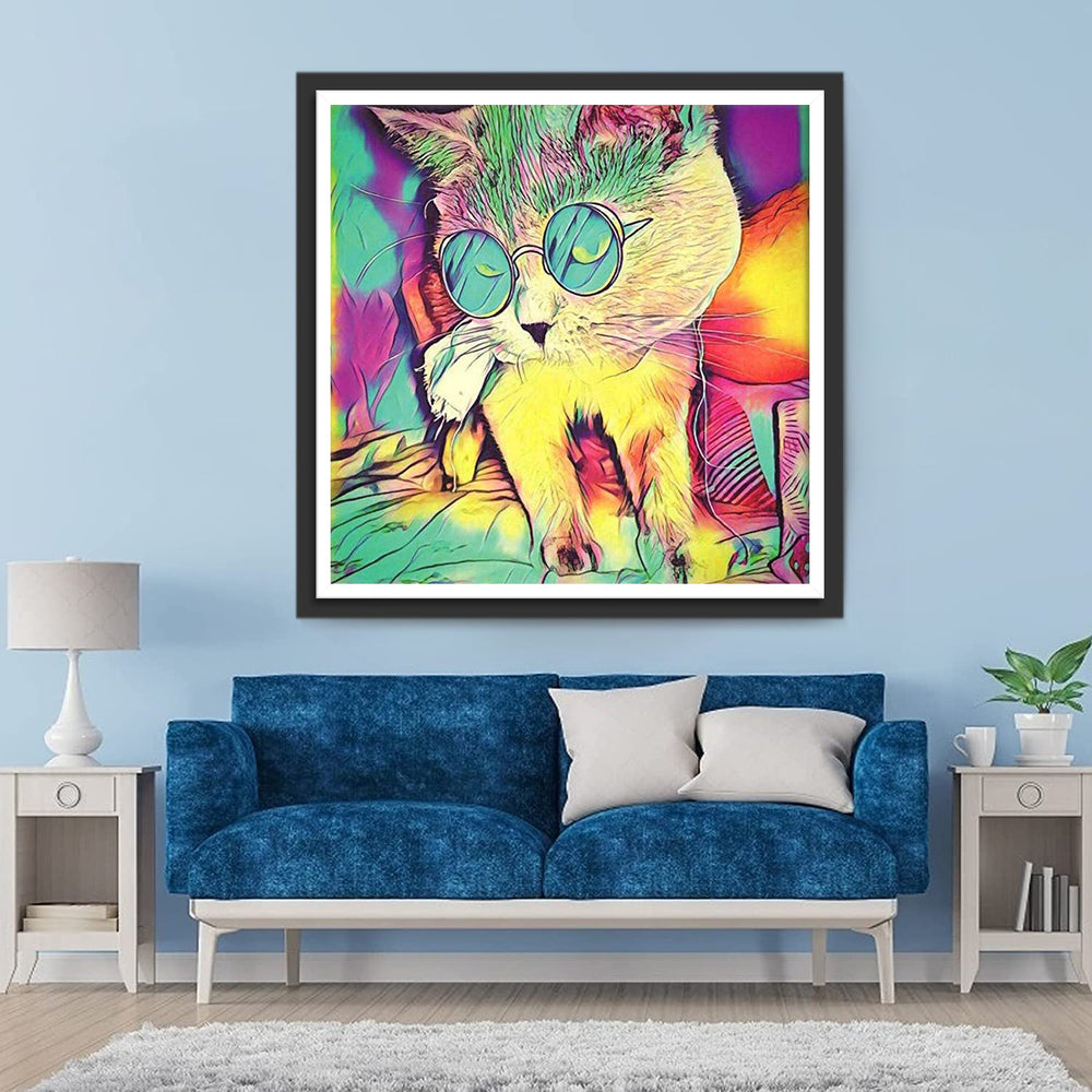 Kleurrijke Kat met Groene Bril Diamond Painting