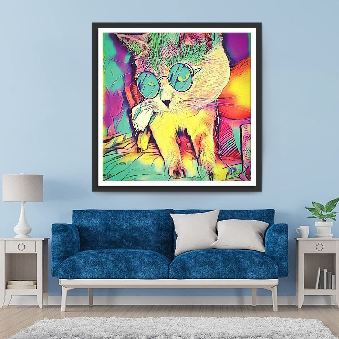 Kleurrijke Kat met Groene Bril Diamond Painting