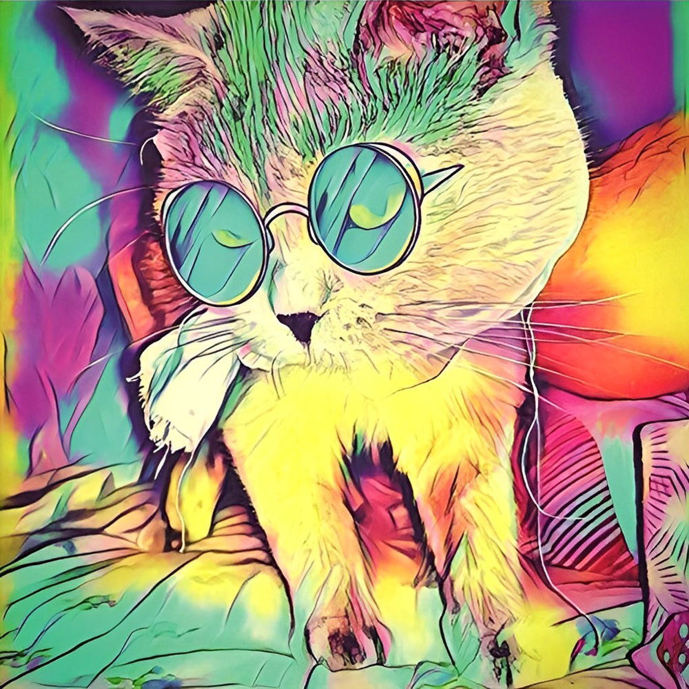 Kleurrijke Kat met Groene Bril Diamond Painting