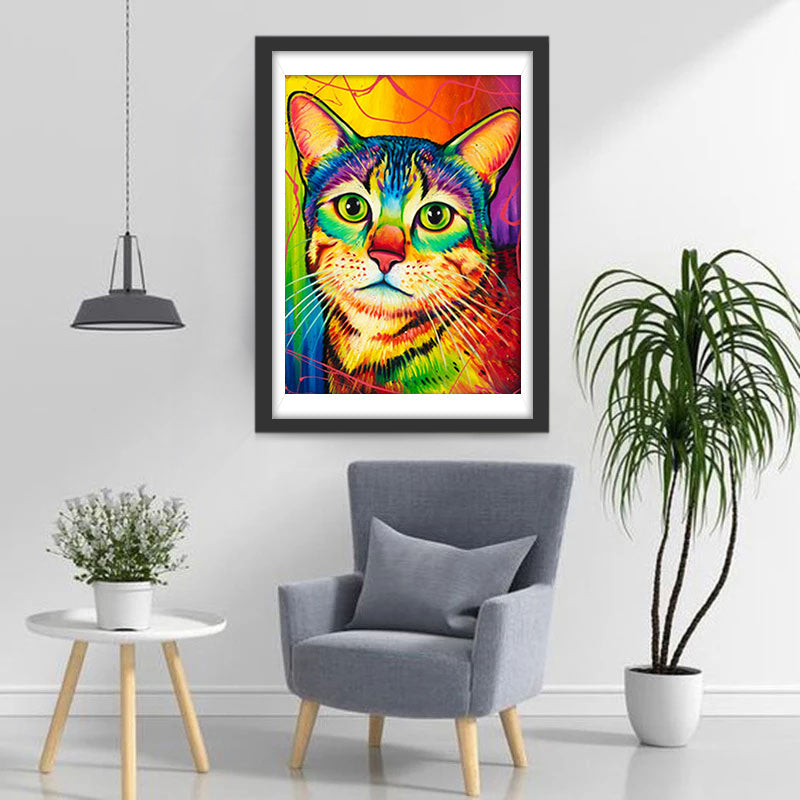 Kleurrijke Kat op een Kleurrijke Achtergrond Diamond Painting