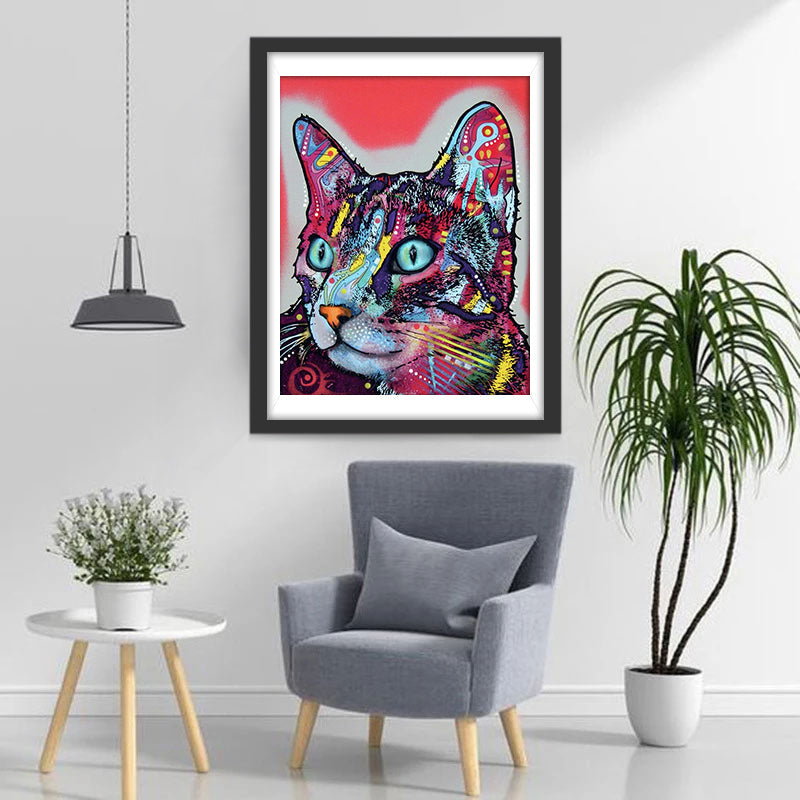 Kleurrijke Kat op een Rode Achtergrond Diamond Painting