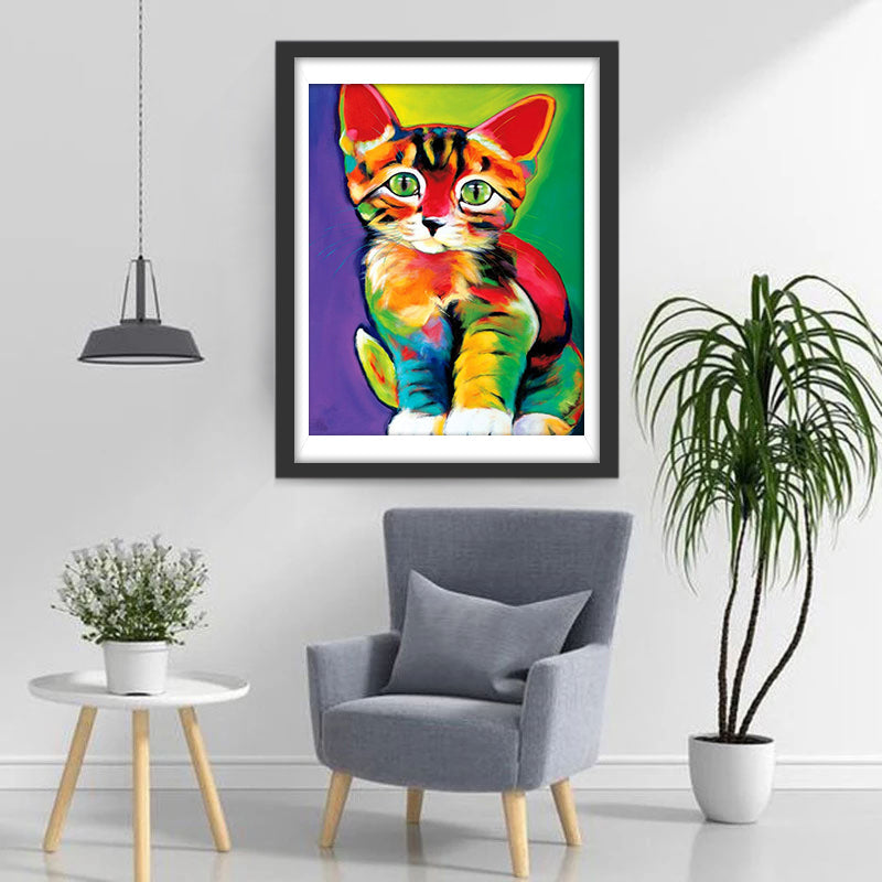 Kleurrijke Kat op Paarse en Groene Achtergrond Diamond Painting