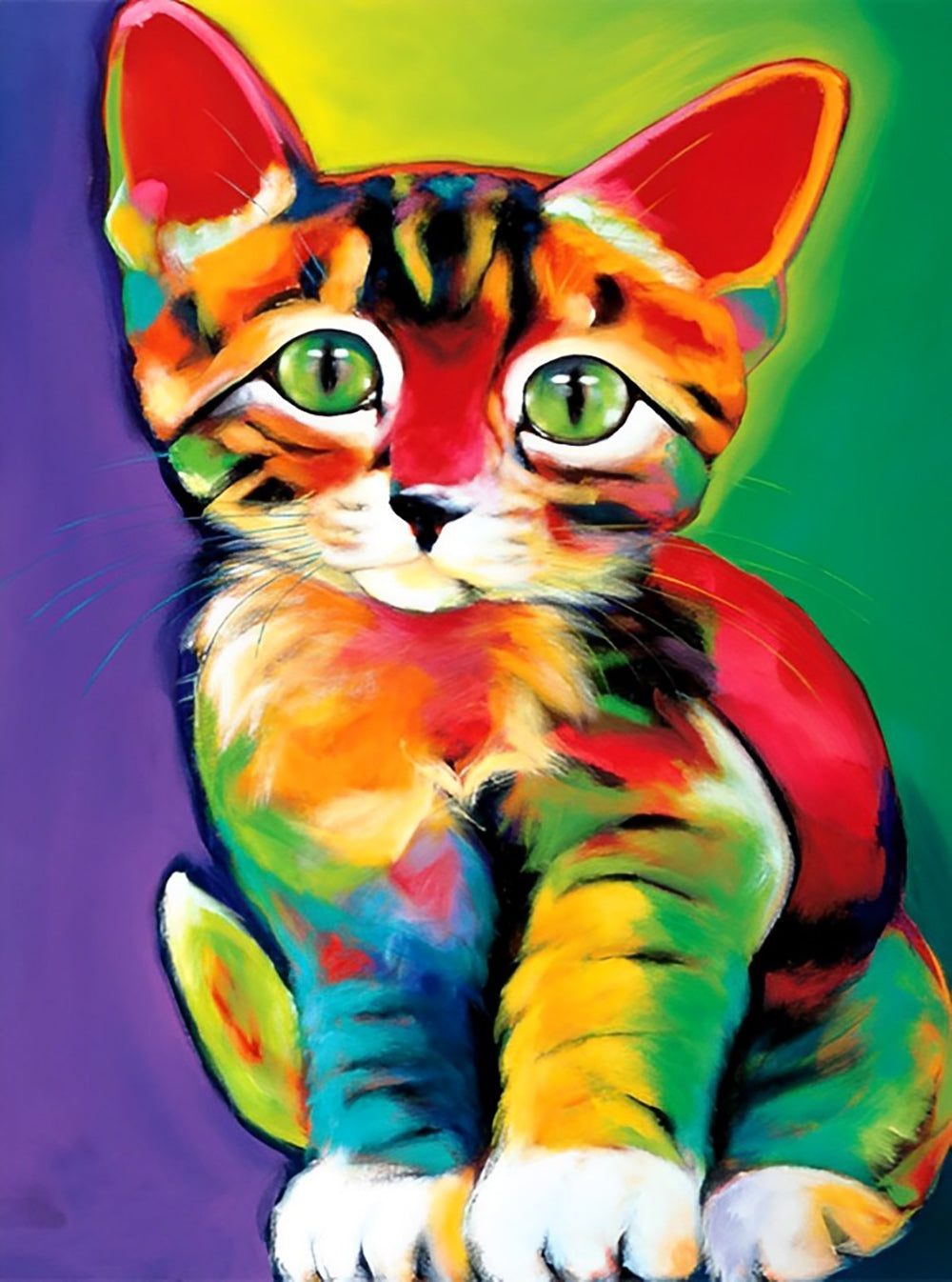 Kleurrijke Kat op Paarse en Groene Achtergrond Diamond Painting