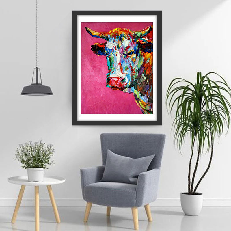 Kleurrijke Koe tegen een Rode Achtergrond Diamond Painting