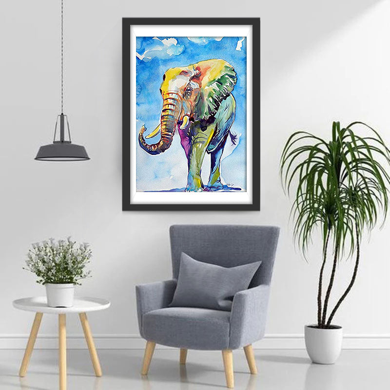 Kleurrijke Olifant onder Blauwe Lucht en Witte Wolken Diamond Painting