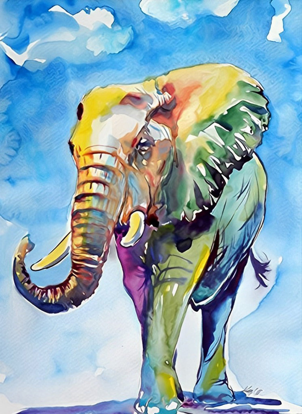 Kleurrijke Olifant onder Blauwe Lucht en Witte Wolken Diamond Painting