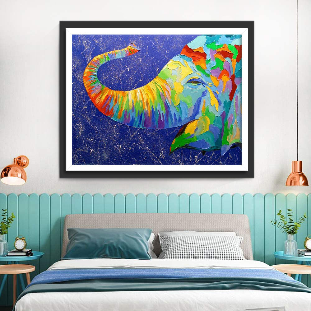 Kleurrijke Olifantenkop op een Blauwe Achtergrond  Diamond Painting