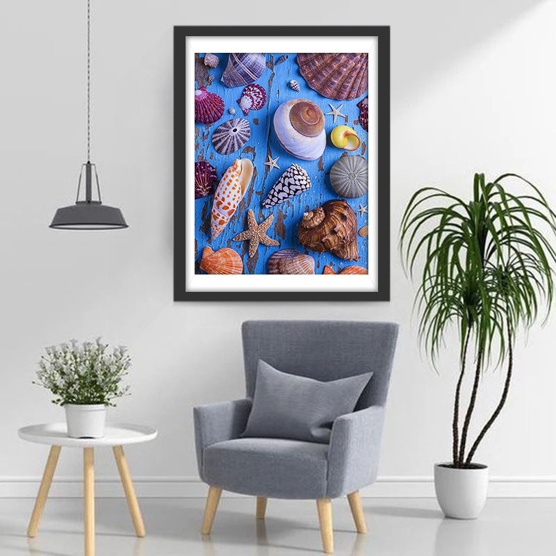 Kleurrijke Schelpen en Zeesterren op Blauw Hout Diamond Painting