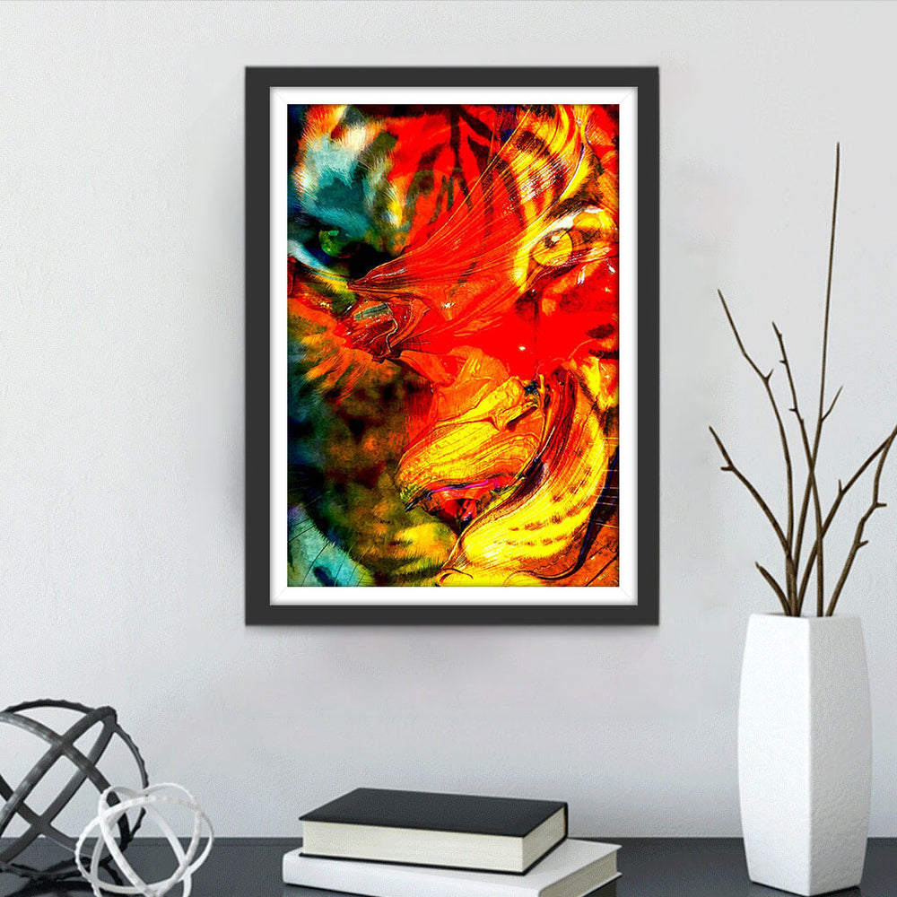 Kleurrijke Tijger onder Rode Verf Diamond Painting
