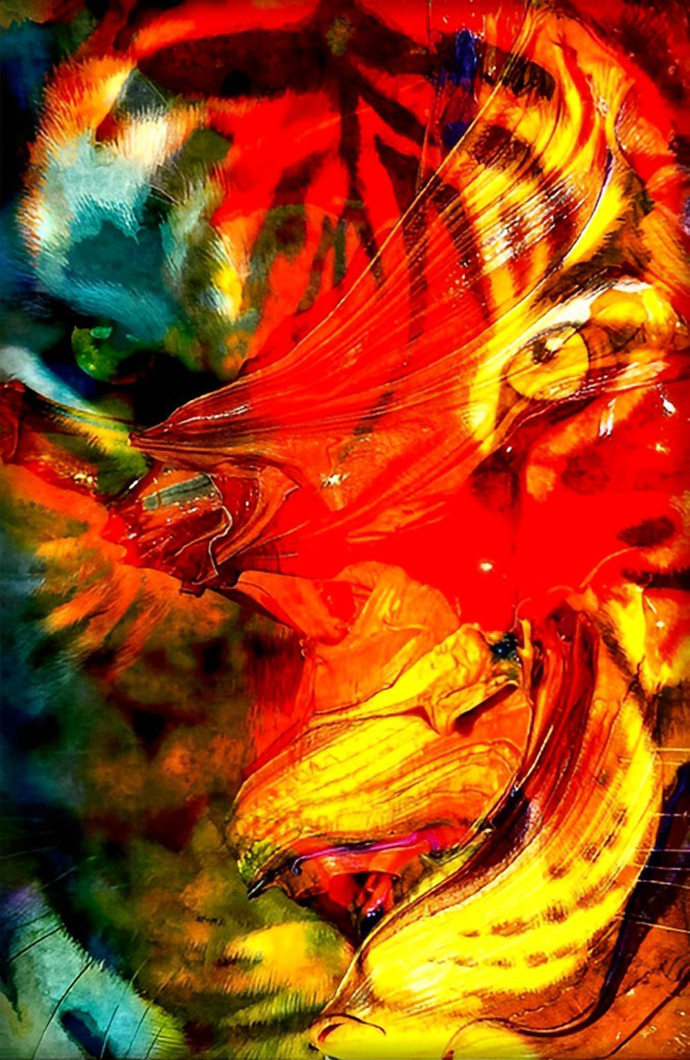 Kleurrijke Tijger onder Rode Verf Diamond Painting