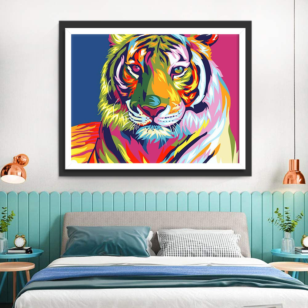 Kleurrijke Tijger op een Roze en Blauwe Achtergrond Diamond Painting