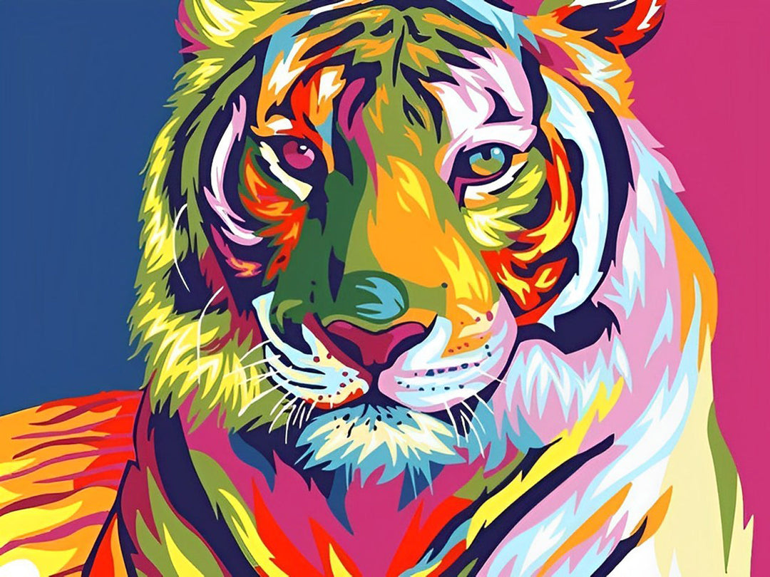 Kleurrijke Tijger op een Roze en Blauwe Achtergrond Diamond Painting