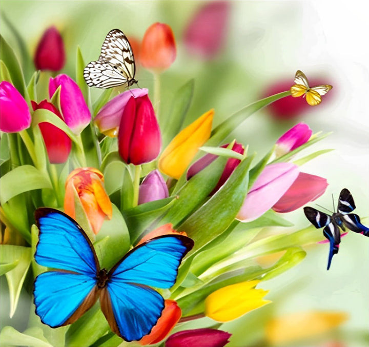 Kleurrijke Tulpen en Zwevende Vlinders Diamond Painting