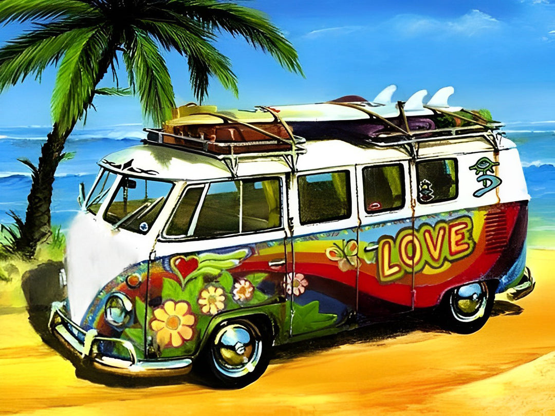 Kleurrijke Volkswagen-busje met Surfplanken op Dak Diamond Painting