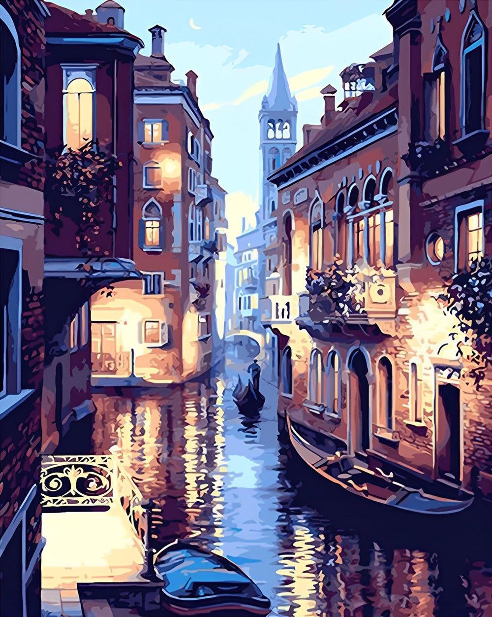 Kleurrijke Woningen, Glimmende Kanaaloppervlak en Stilstaande Scheepjes Diamond Painting