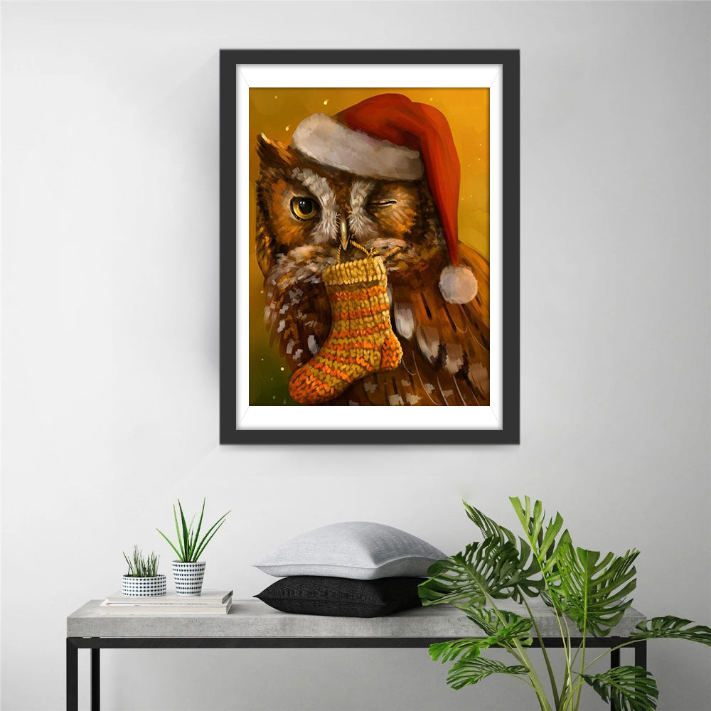 Knipoogende Uil met Kerstsok Diamond Painting