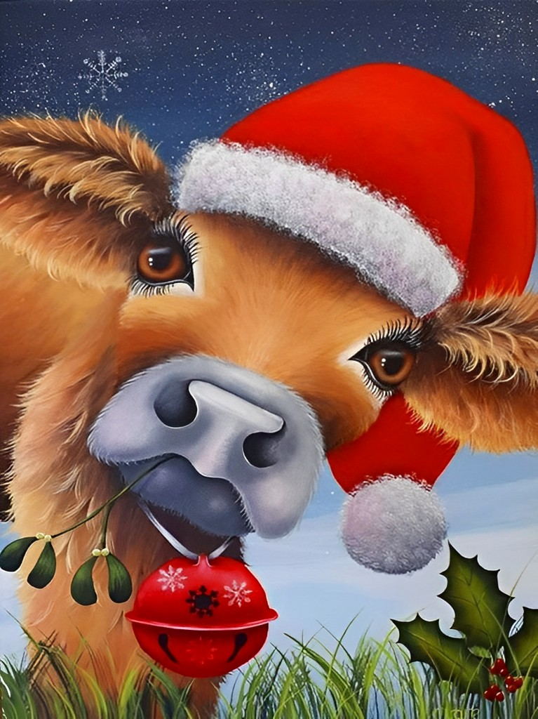 Ko met Kerstmuts Kijkt naar Kerstbel en Varen Diamond Painting
