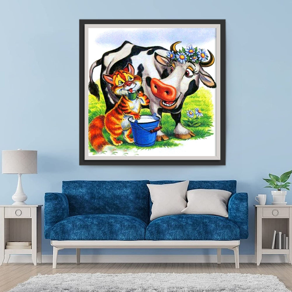Koe en Kat Drinken Melk Diamond Painting