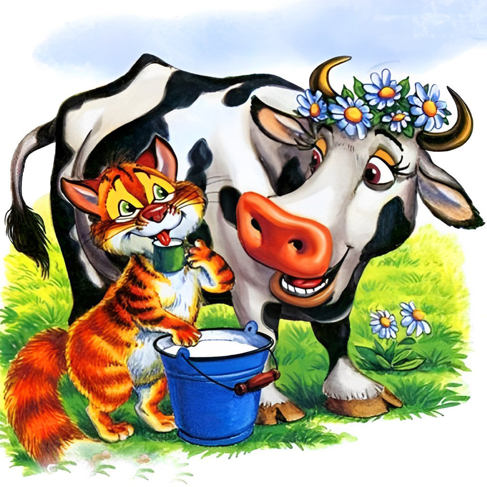 Koe en Kat Drinken Melk Diamond Painting
