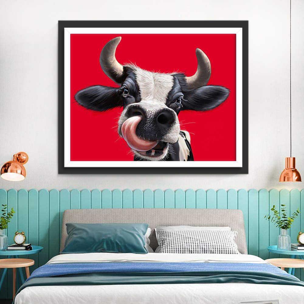 Koe Likt zijn Tong tegen een Rode Achtergrond Diamond Painting