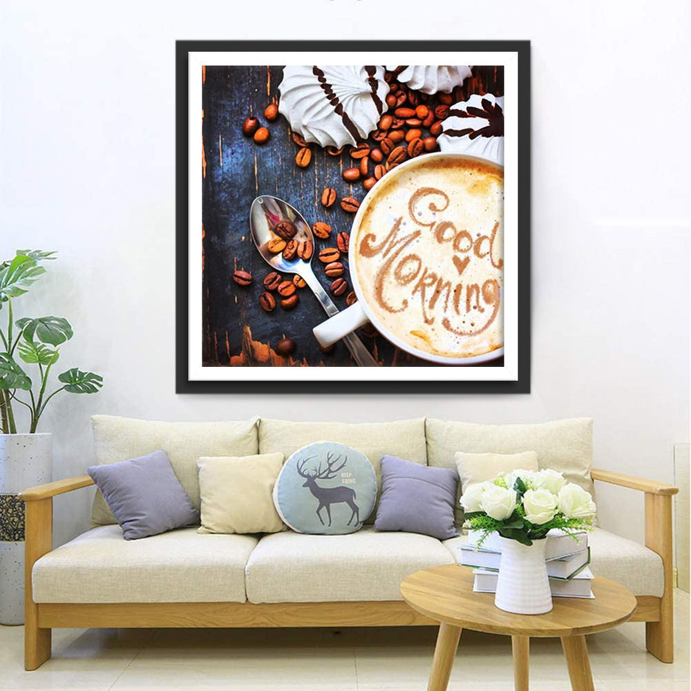 Koffiebeker met Groet en Omringd door Koffiebonen en Noten Diamond Painting
