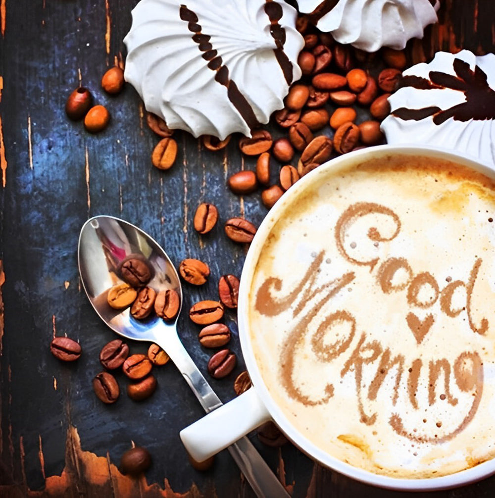 Koffiebeker met Groet en Omringd door Koffiebonen en Noten Diamond Painting