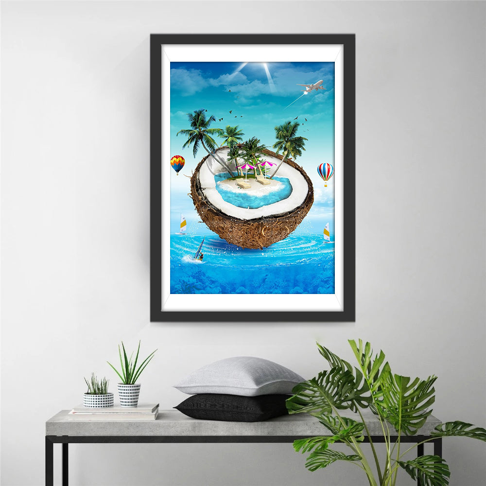 Kokosnootwereld met Palmen, Luchtballonnen en Vliegtuig Diamond Painting