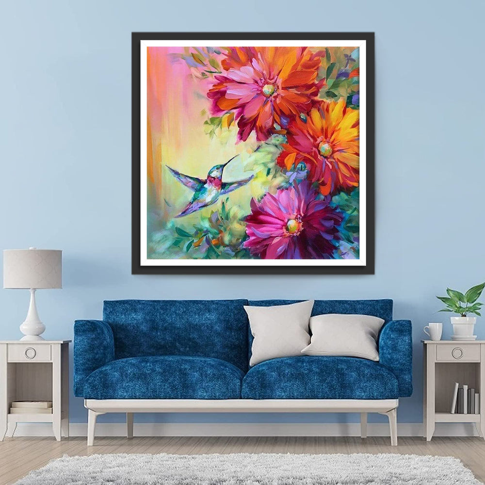 Kolibrie en Bloemen in Prachtige Kleuren Diamond Painting