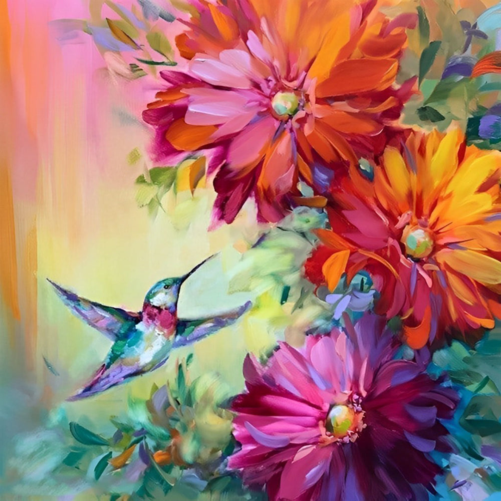 Kolibrie en Bloemen in Prachtige Kleuren Diamond Painting