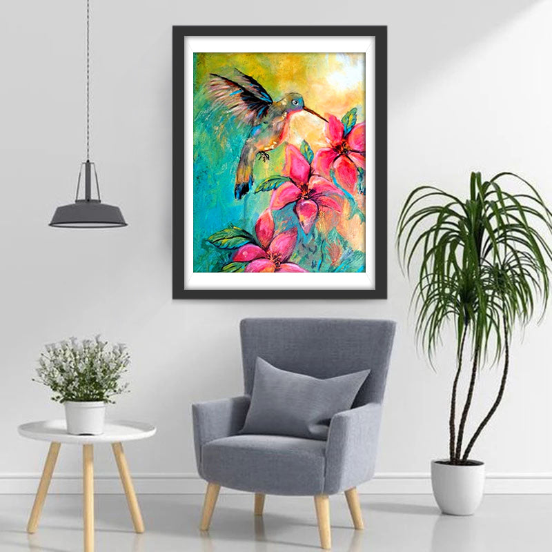 Kolibrie op de Roze Bloemen Diamond Painting
