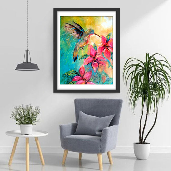 Kolibrie op de Roze Bloemen Diamond Painting