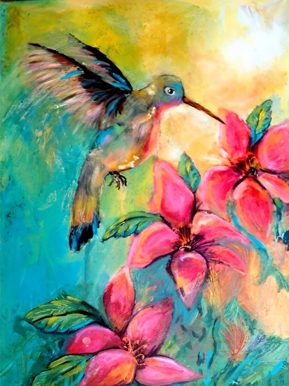 Kolibrie op de Roze Bloemen Diamond Painting