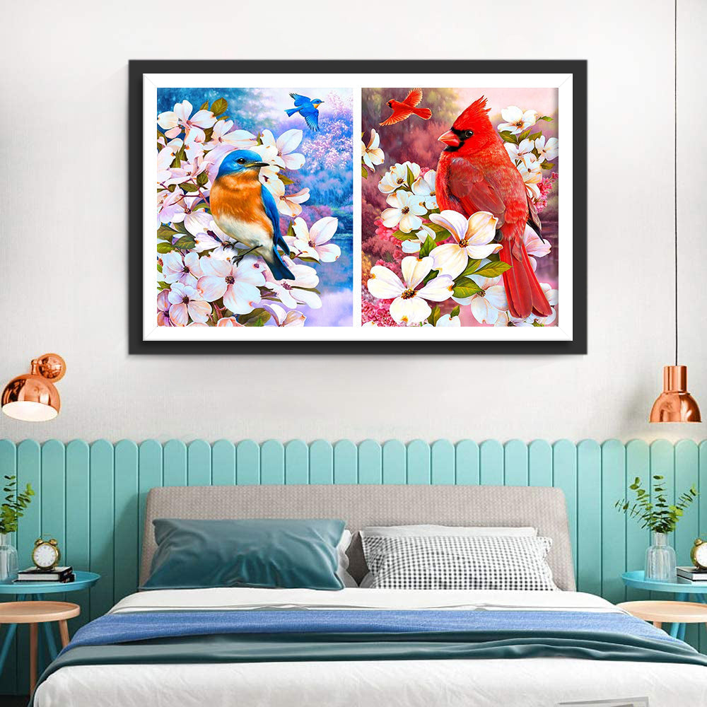 Kolibries en Noord-Amerikaanse Kardinaal op Bloemen 2 stuks Diamond Painting