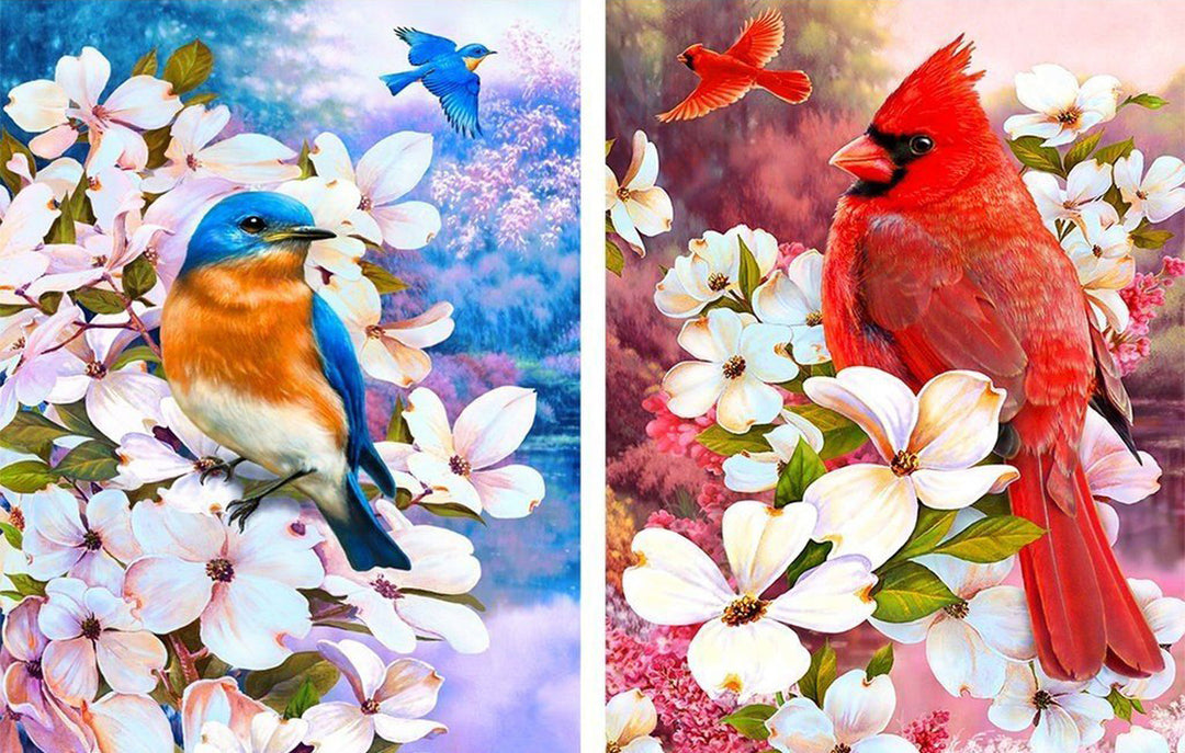 Kolibries en Noord-Amerikaanse Kardinaal op Bloemen 2 stuks Diamond Painting
