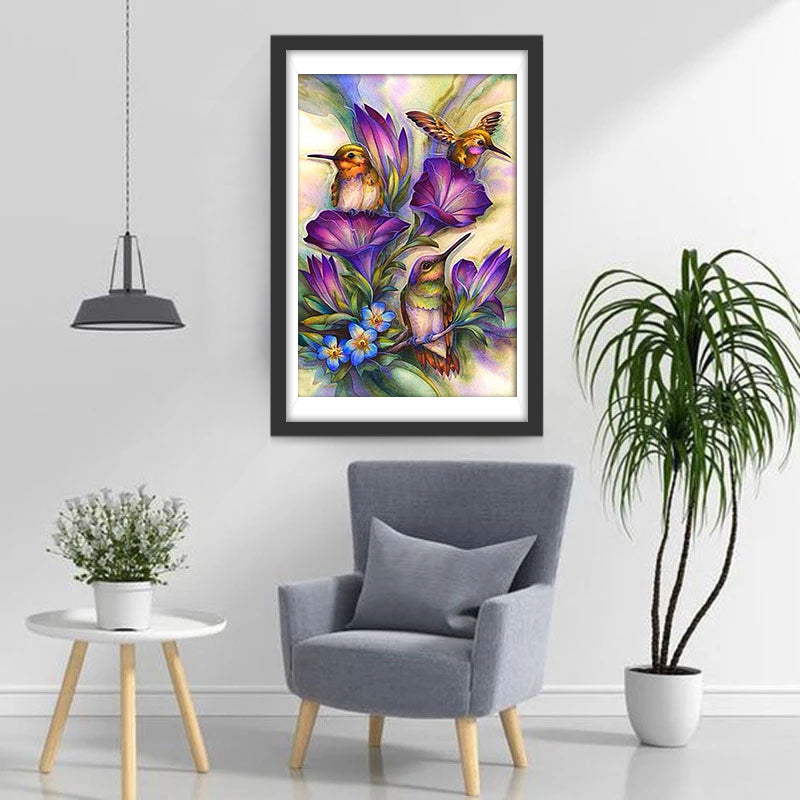 Kolibries en Paarse Bloemen Diamond Painting