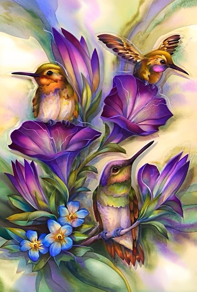 Kolibries en Paarse Bloemen Diamond Painting