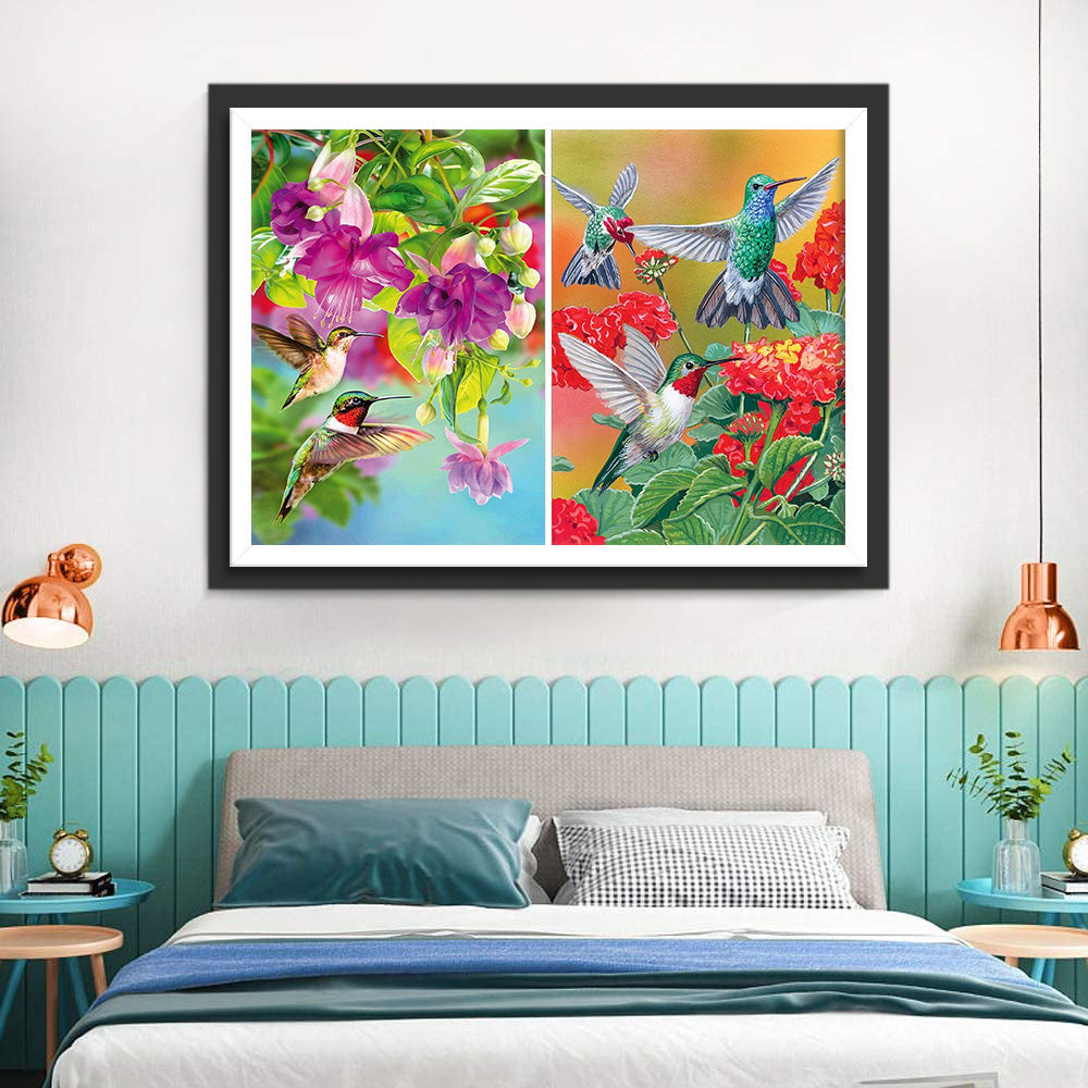 Kolibries in de Rode en Paarse Bloemenstruik Diamond Painting