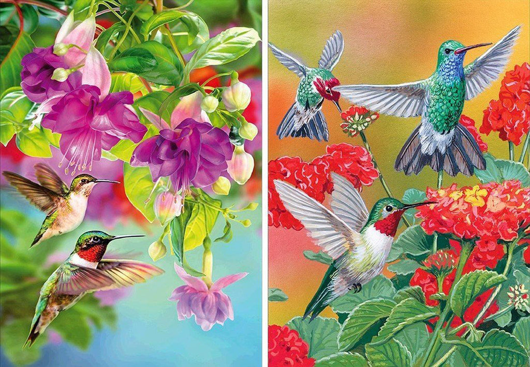 Kolibries in de Rode en Paarse Bloemenstruik Diamond Painting