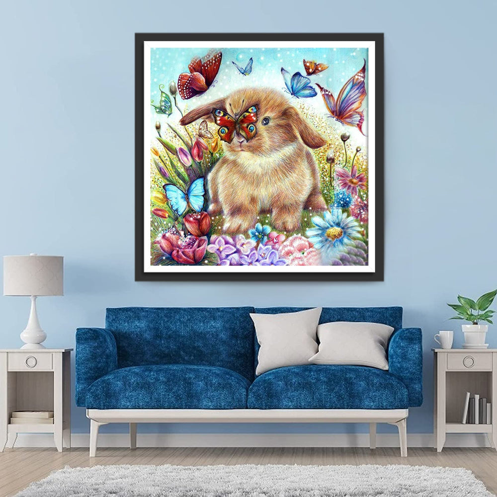 Konijnen en Vlinders in de Bloemen Diamond Painting