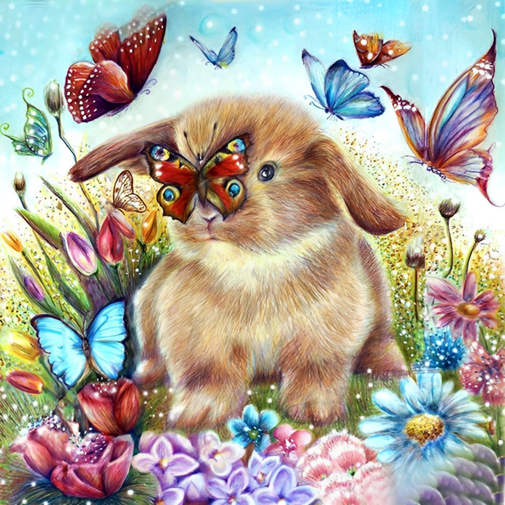 Konijnen en Vlinders in de Bloemen Diamond Painting