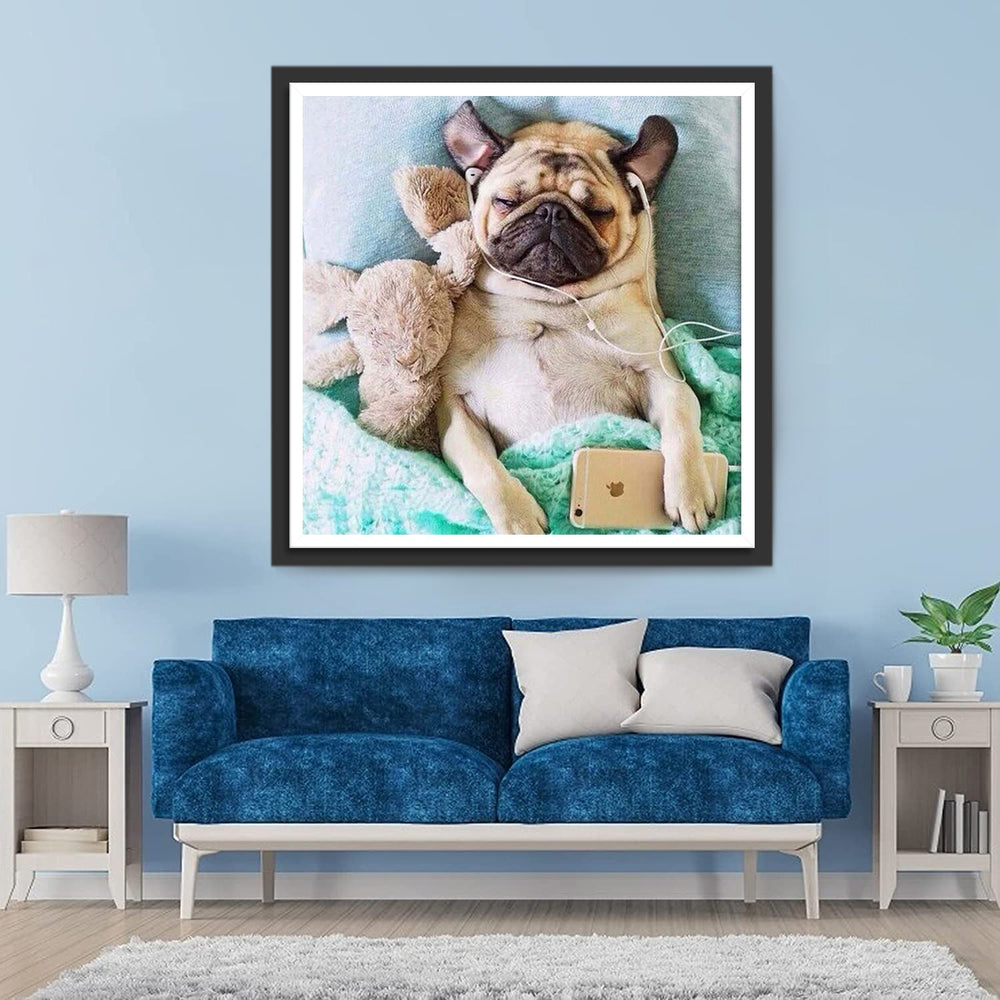 Konijnenpop en Hond Luisteren naar Muziek Diamond Painting