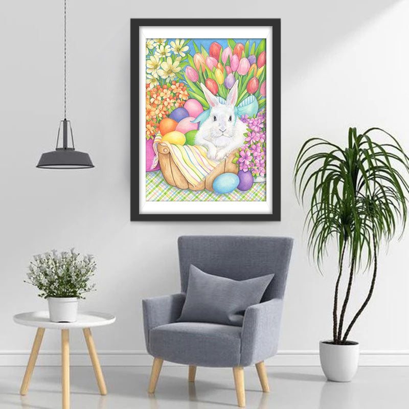 Konijntje in Paasmand met Bloemen Diamond Painting